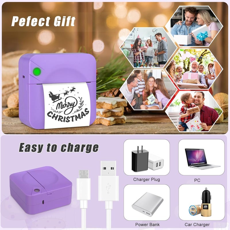 Zeacool Mini Sticker Printer,Mini Pocket Thermal Printer with 11 Rolls Paper,Bluetooth Inkless Printer Compatible with Android & iOS,Portable Receipt Printer for Photo,Journal,Memo,Travel,Purple - Image 2